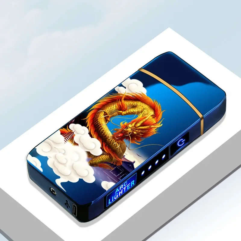 Encendedor eléctrico de Metal a prueba de viento, encendedor USB recargable de Plasma sin llama de doble arco, pantalla LED de potencia, encendedor con Sensor táctil - A6-Blue-6
